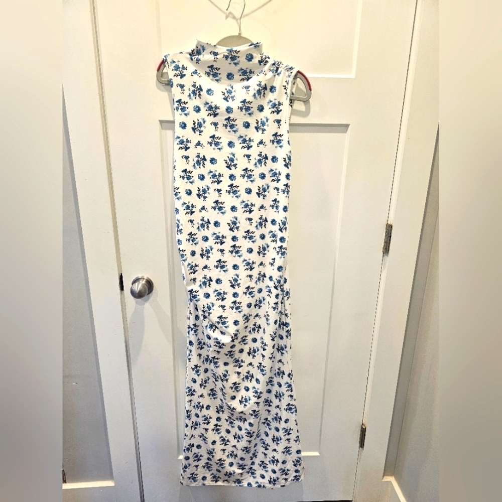 SHEIN White Blue Floral Bodycon Dress Mock Neck Sleeveless Size M